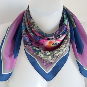Vintage Blue Floral print silk scarf,kerchief . Unused.26 x 26 &quot; / 65 x 65 cm