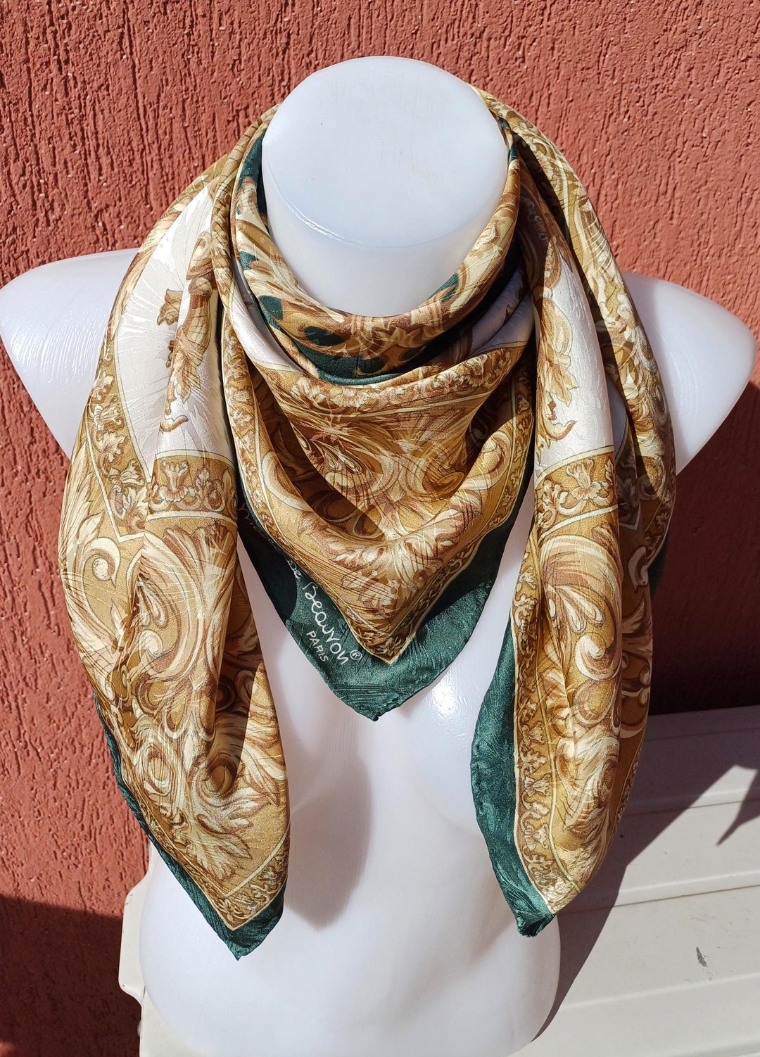 Foulard Vintage En Soie Cernobbio - 90x90 Cm - Vert - Très Bon état - Soie 100%