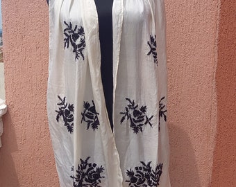 Vintage Massimo Dutti Ecru Silk Scarf: Beaded Embroidered Fringe Shawl