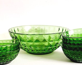 70s Arcoroc dessert set - glass serving bowl and 6 dessert bowls - diamond design - 70s retro glass - textured glass