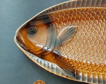 Large Sarreguemines fish platter 56 cm  - brown fish serving plate Sarreguemines France ceramics - fish service