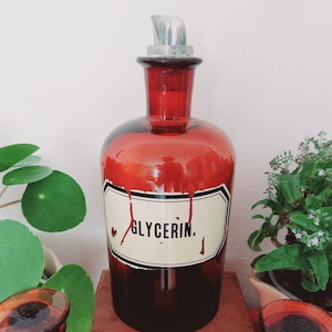 Old apothecary bottle Glycerin - brown apothecary jar - brown glass, enamelled label 1 L metal lid