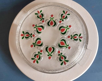 Grand Plat En Verre Walter, Allemagne De L'Ouest, Années 1960, Blanc Et Rose, Vintage