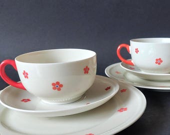 2 Eschenbach Brunhilde/Rotkäppchen coffee sets/breakfast sets - breakfast plate, cup and saucer  - 40s/50s coffee service