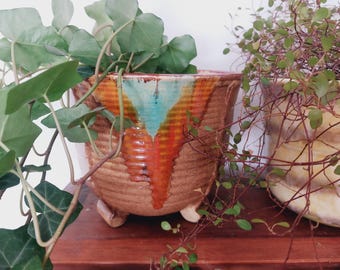 Maceta Art Decó - Hermosa maceta vintage con un diseño asombroso - Años 30 - Esmalte de goteo marrón, naranja y verde azulado - Decoración del hogar de los años treinta