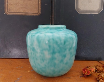 Elchinger vase with teal and white speckled glaze - French ceramics from Soufflenheim