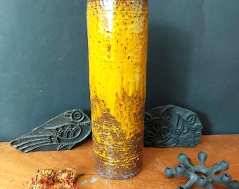 Brutalist Krösselbach cylinder vase -beautiful 60s WGP design - 25.5 cm-  studio pottery with yellow and brown glaze