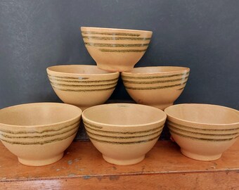 6 Sarreguemines bols Chaumière - breakfast bowls for cafe au lait- beige grès brown spiral 70s
