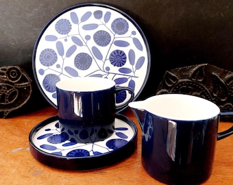 Melitta Stockholm Kobaltblüte breakfast set - dessert plate, cup, saucer and creamer - vintage MCM coffee set with blue flowers