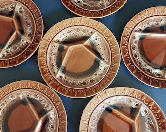 6 pratos de fondue Sarreguemines Hawaii da França - pratos de raclette com divisórias de lava marrom dos anos 70 - cerâmica vintage francesa França