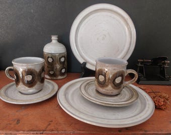 2 Ceramano Tique Espresso sets:  2 cups, saucers and plates and sugar bowl with lid