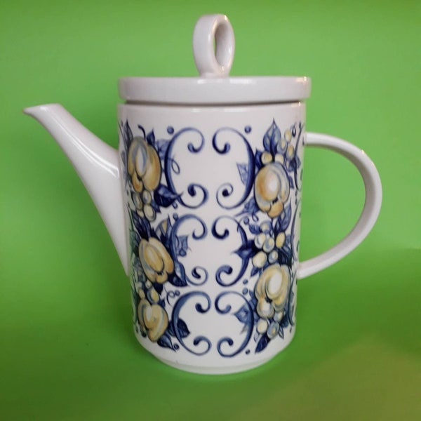 Cafetière Villeroy et Boch V&B Cadiz avec couvercle, 21 cm cuisine années 70 blanc bleu jaune fruit