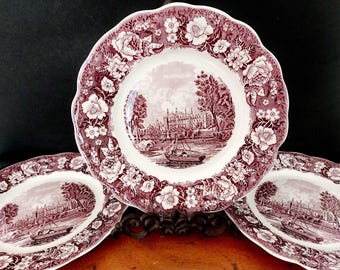 3 Palissy Thames River Scenes dining plates in purple - 25cm - mulberry English earthenware Eton College Henley