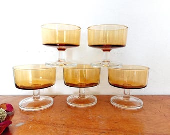 5 coupes à champagne ou coupes à dessert Luminarc jaunes - verre ambré - Luminarc Cavalier - France années 70