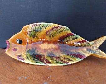 Colourful MCM fish bowl / Vallauris fish plate 60s 70s pottery - serving dish or trinket bowl