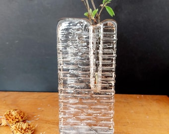 Tall Walther Glas solifleur vase - 70s textured block glass - heavy ice glass