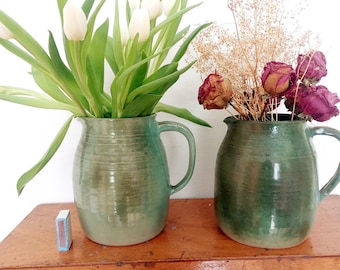 2 large studio pottery jugs - green farmhouse style jugs - Studio pottery