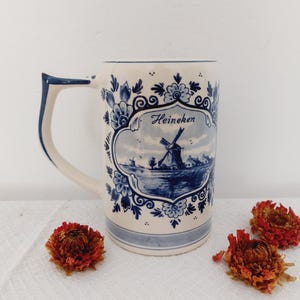 Delft Heineken beer stein - handpainted white and blue beer mug from the Netherlands - Delfts Handwerk Holland