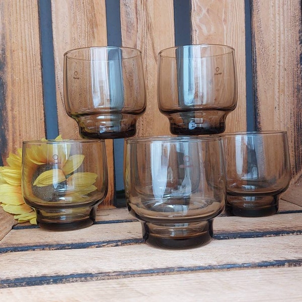 6 Luminarc Tivoli Gläser aus Rauchglas mit Shell-Logo - 70er Lowball-Gläser Wassergläser Whiskeygläser Saftgläser Werbeartikel Arcoroc