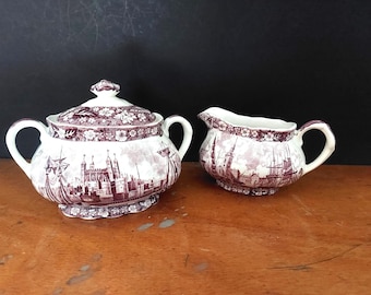 Palissy sugar and milk set Thames River Scenes in purple -  plum mulberry English earthenware