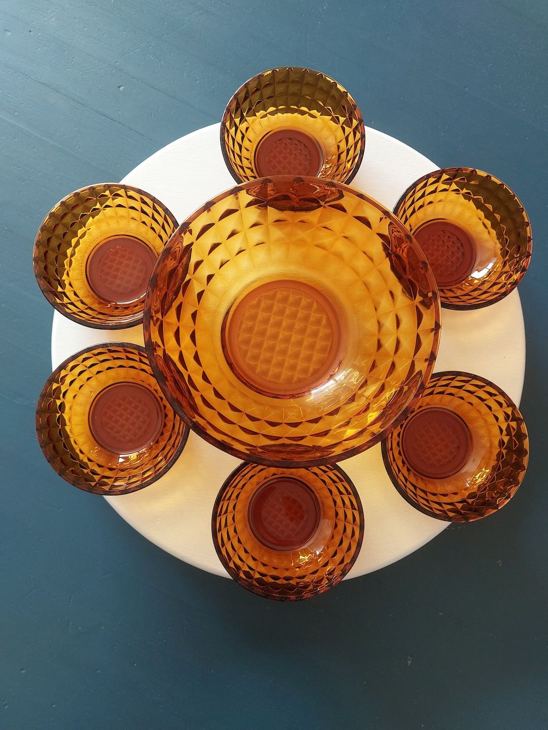 Amber Glass Serving Bowl With 6 Small Bowls France 70s Retro Retro