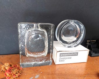 2 Wiesenthalhütte Solifleur vases 1257 and 1353 - MCM block glass - original box 70s