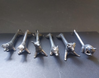 6 knife rests tin France 1900 animals squirrel ram fox pig