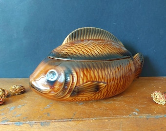 Sarreguemines France fish tureen - majolica soup turreen in brown - mid-century fish service
