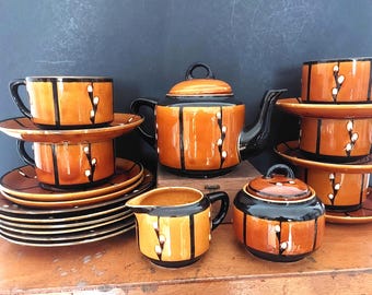 Service à thé Art nouveau allemand Lotos - Ludwig Wessel Bonn - service théière, lait et sucre, 6 assiettes, 5 tasses et 6 soucoupes saule