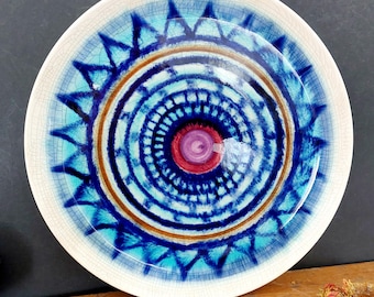 70s cake platter Atelier HW - serving plate with hand-painted  blue design