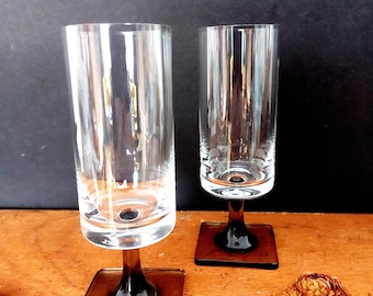 2 Rosenthal Berlin glasses with square foot - 60s MCM smoked glass - Linear smoke 14.5 cm