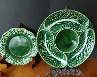 2 SECLA Portugal cabbageware plates - serving plate and small side plate - cabbage leaf starter plate - 60s lettuceware Portugal