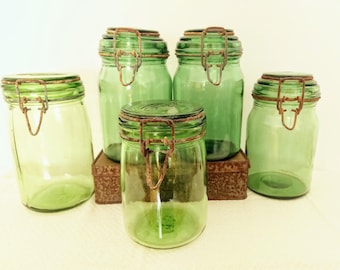 5 green DURFOR L'IDEALE preserve jars 1 litre France shabby country style