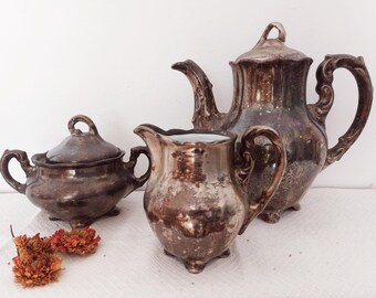 Koenigszelt silver-plated coffee service - coffee pot, creamer, sugar pot with shabby-style patina 30s 40s