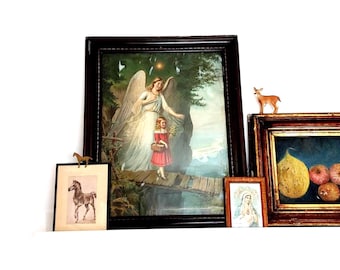 Vintage guardian angel image - framed lithograph - Angel with child on a bridge - Shabby chic wall decor