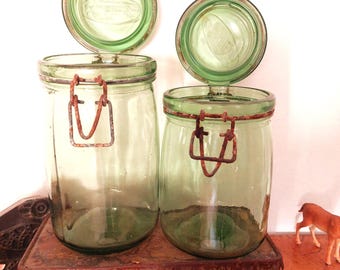 2 green L'IDEALE preserve jars 1 litre France shabby country style