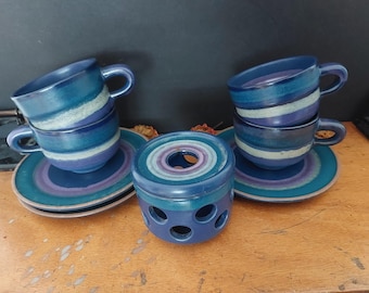 KMK Kupfermühle Viola 4 cups 3 saucers tea warmer plate blue & purple 70s 80s  West German pottery