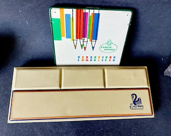 Vintage Pelikan water colours in a tin box and Faber Castell tin for coloured pencils