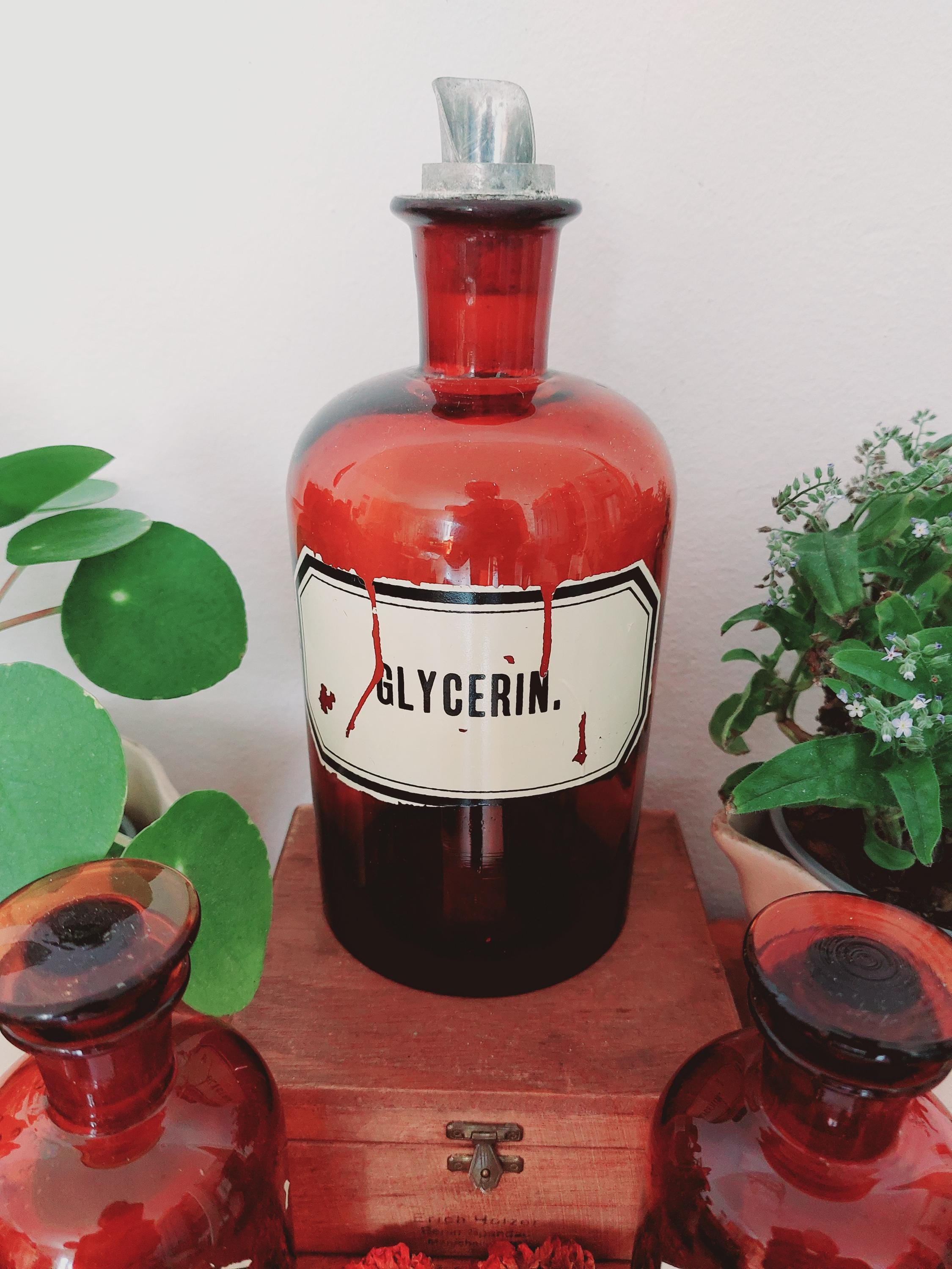 Old apothecary bottle Glycerin - brown apothecary jar - brown glass, enamelled label 1 L metal lid