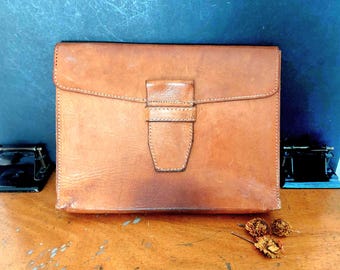 Vintage leather document bag - laptop cover - natural leather with patina