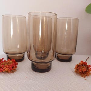 4 Luminarc France Tivoli glasses - tall water or juice glasses- smoked glass with flowers - 70s barware 33cl