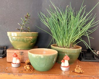 3 green shabby-style ceramic bowls - green decorative bowls for storage or plants