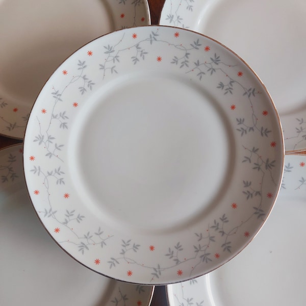 5 nostalgic Mitterteich side plates / breakfast plates with very pretty design in grey and red and gold rim 19 cm