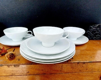 3 Rosenthal Lotus breakfast sets with tea cups - white mid-century porcelain tableware with relief design Richard Latham - 60s 70s