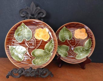 2 assiettes en majolique de Sarreguemines - nénuphar - marron jaune et vert - style Art nouveau