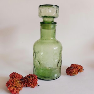70s green glass bottle with stopper vintage Seventies glassware - carafe with bubble design