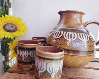 Huge KMK Kupfermuehle jug and 3 ceramic cups/glasses from the 70s or 80s -  West German pottery - wgp -  Kupfermühle