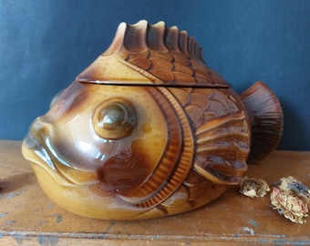 Sarreguemines France fish tureen - whimsical majolica soup turreen in brown - fish service from the 50s or 60s