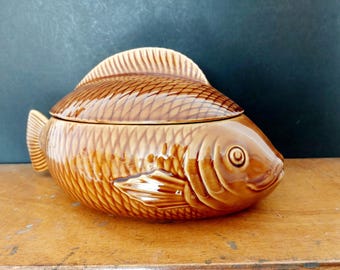 Sarreguemines France soupière à poisson - soupière en faïence marron - service à poisson des années 50 ou 60