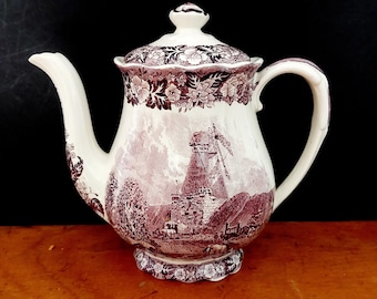 Palissy Thames River Scenes Coffee pot in purple - plum mulberry English earthenware